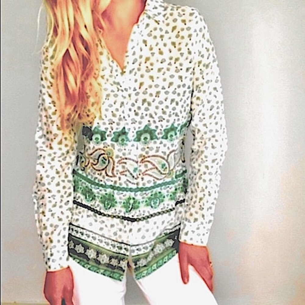 Boho Top OLD NAVY Paisley Long Sleeve Button-Down Cotton Green White Size Medium